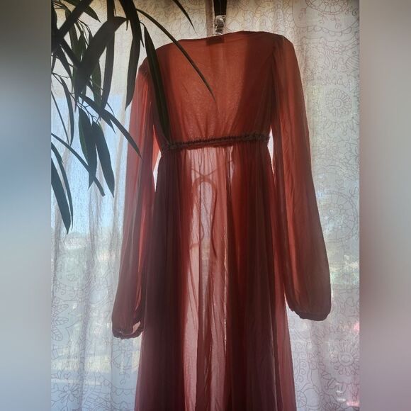Vintage 50s Pink Satin Robe Puff Sleeve Maxi Waistband Cottagecore Fairy Vday - Picture 12 of 17